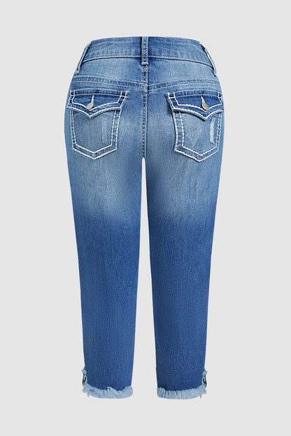 Star Embroidery Ripped Flap Pocket Raw Hem Mid Rise Capri Skinny Jeans