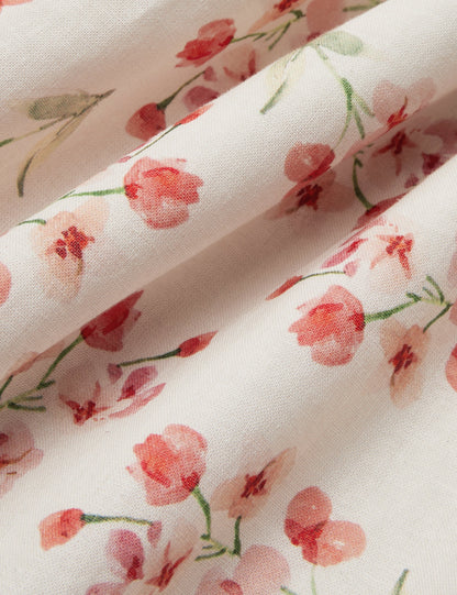Robe longue élégante coupe classique à manches longues en coton et lin à motif floral, rose