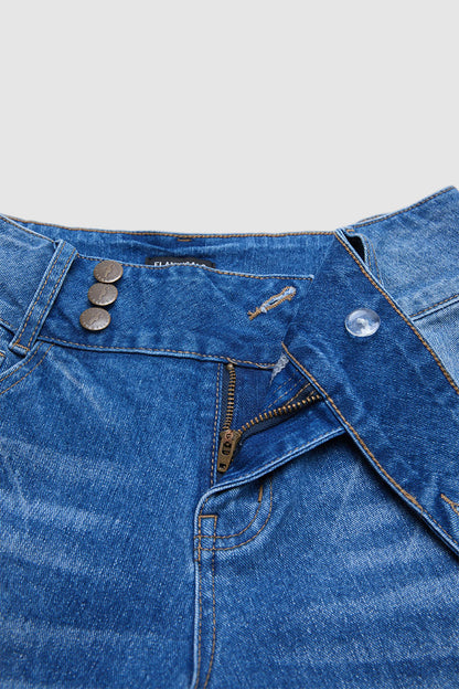 Asymmetrical Button Decor Stitch Decor Mid Waist Straight Leg Jeans