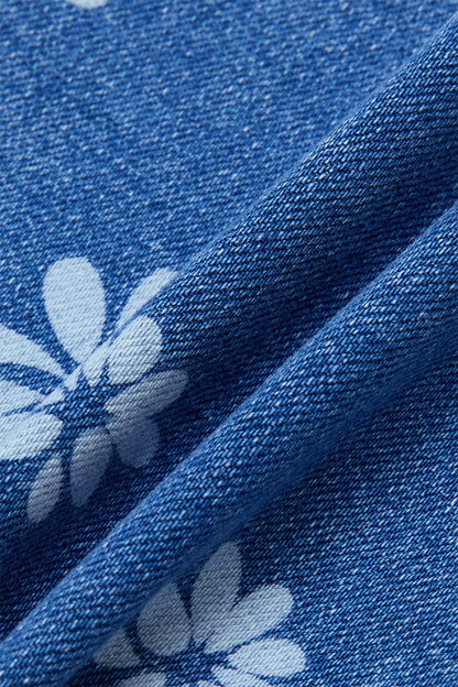 Floral Print Drawstring Mid Waist Denim Bermuda Shorts