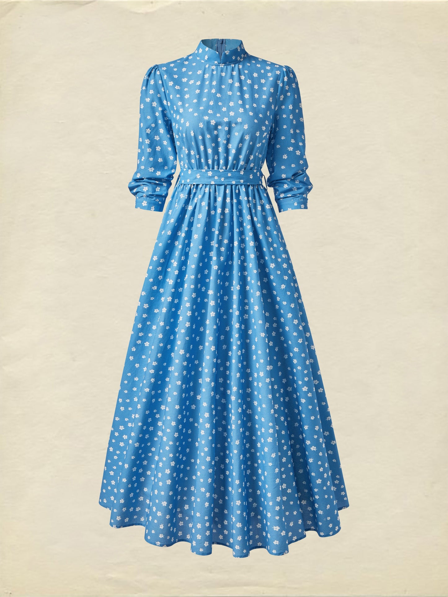 Robe longue en lin, manches 3/4, col montant, motif floral, mélange de lin, bleue
