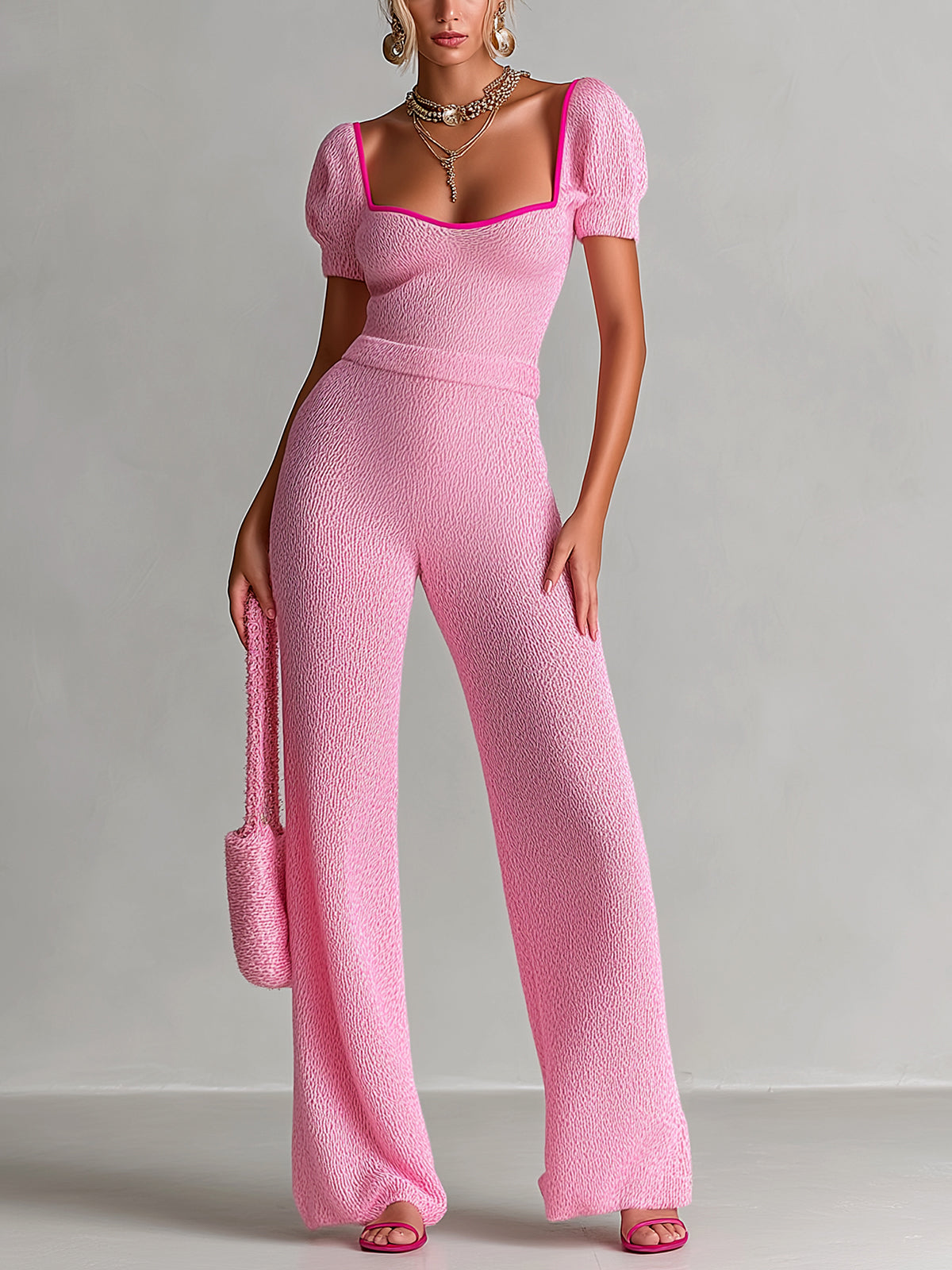 Chic Elegant Pink Contrast Trim Square Neck Short Puff Sleeve Tailored Waist Wide-Leg Knit Jumpsuit