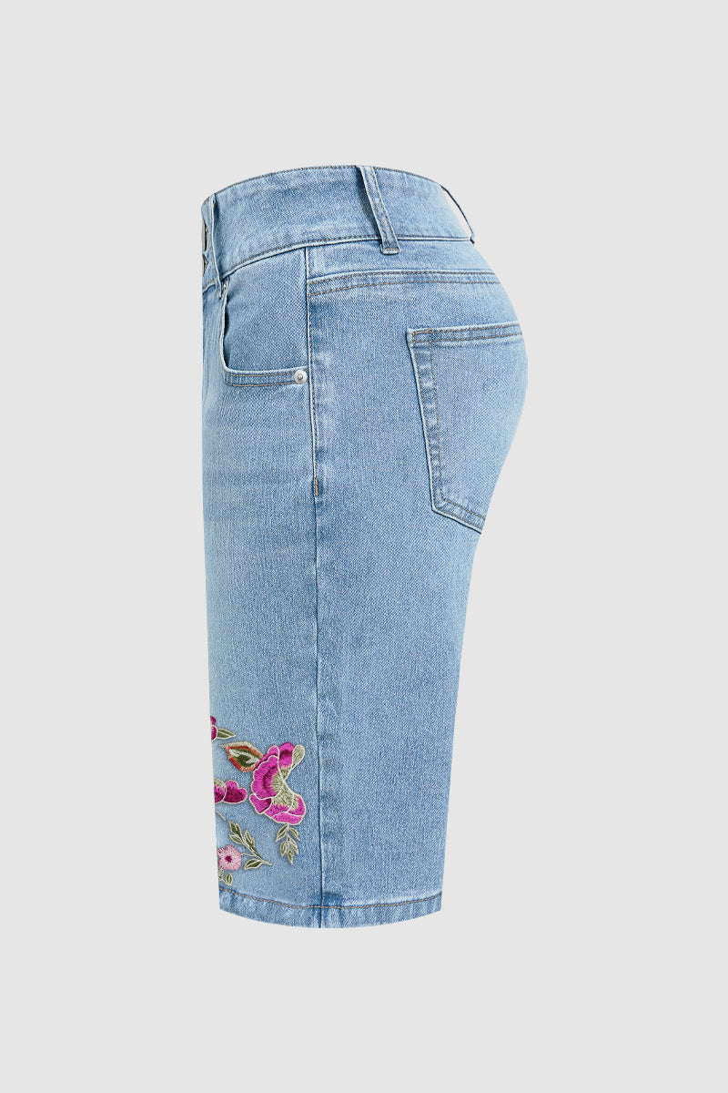 Wash Floral Embroidery High Waist Denim Bermuda Shorts