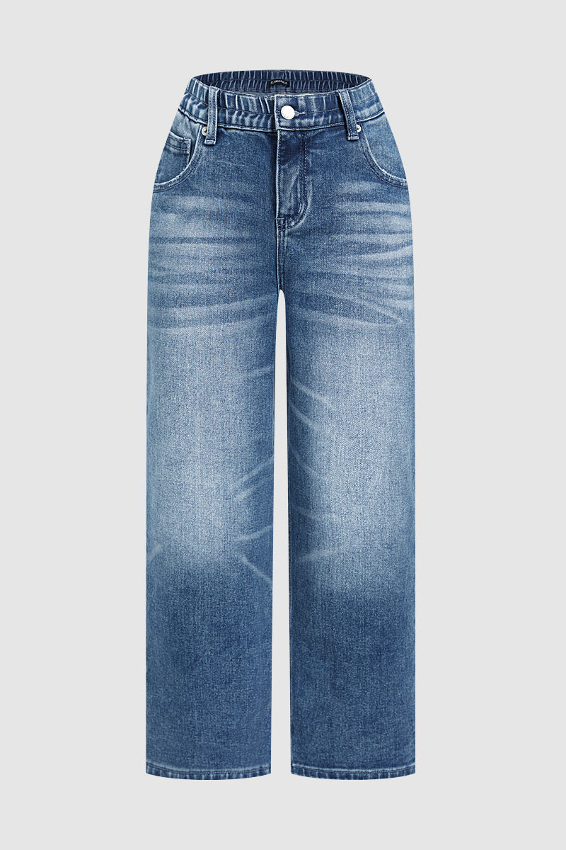 Wash Elastic Mid Rise Wide Leg Crop Jeans