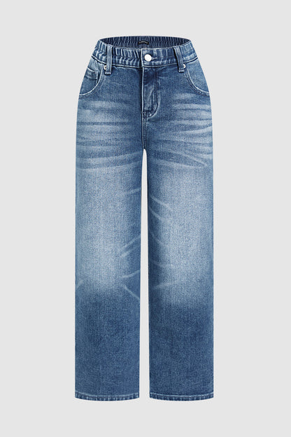 Wash Elastic Mid Rise Wide Leg Crop Jeans
