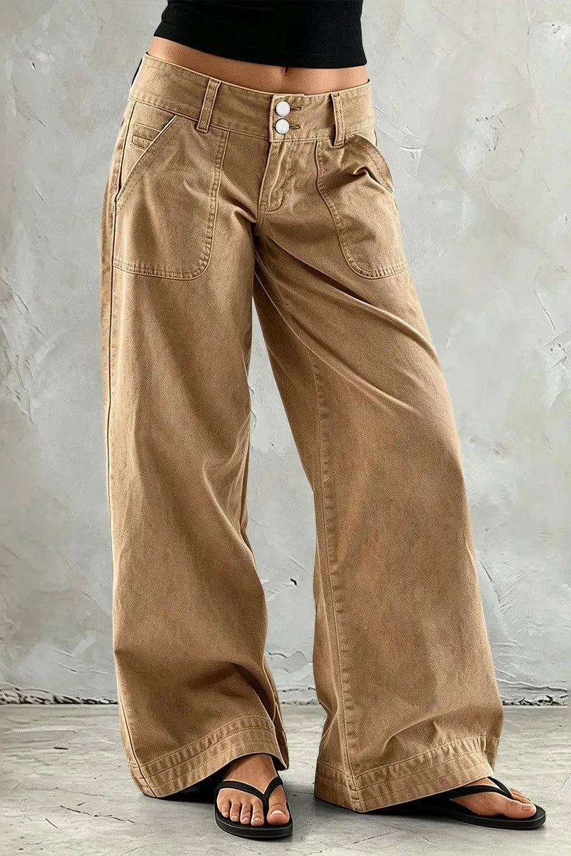 Solid Patched Pocket Mid Waist Wide Leg Pants