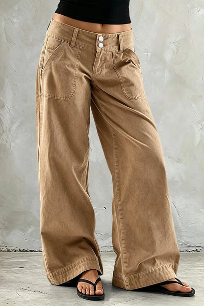 Solid Patched Pocket Mid Waist Wide Leg Pants