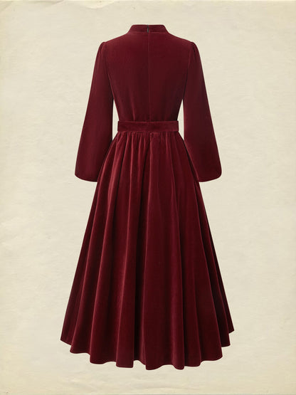 Robe mi-longue en coton, manches longues, col montant, unie, style vintage, rouge bordeaux