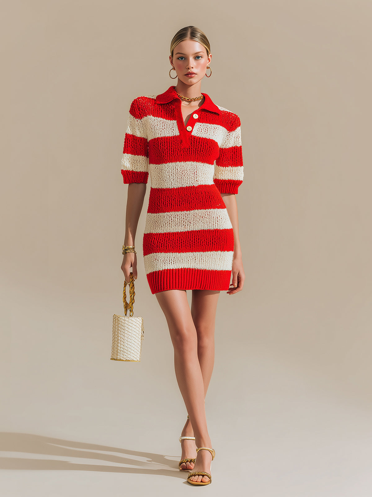 Chic Vintage Red Beige Lapel Collar Button-up Short-Sleeve Loose-Fit Knit Mini Dress