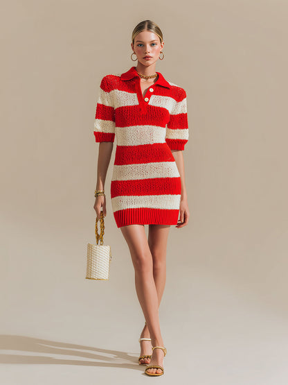 Chic Vintage Red Beige Lapel Collar Button-up Short-Sleeve Loose-Fit Knit Mini Dress