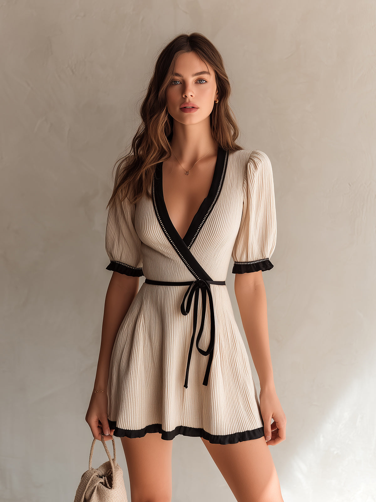 Chic Elegant Beige Deep V-Neck Short-Sleeve Tailored Waist Black Trim Detail Tie Waist A-Line Ribbed Knit Mini Dress