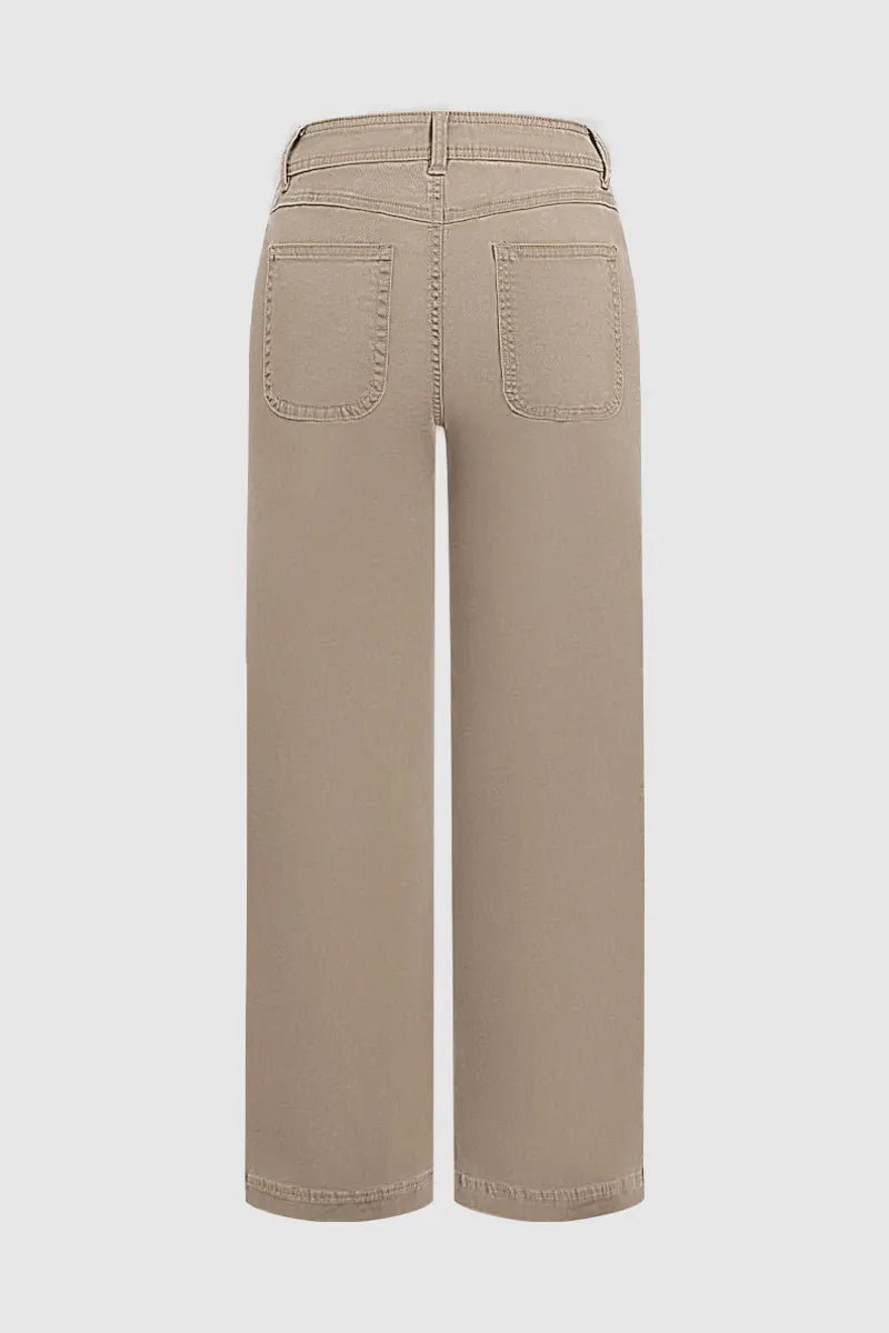 Solid Patch Pocket Mid Waist Wide Leg Pants