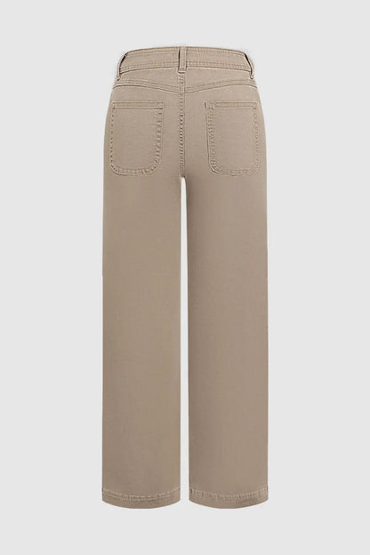 Solid Patch Pocket Mid Waist Wide Leg Pants