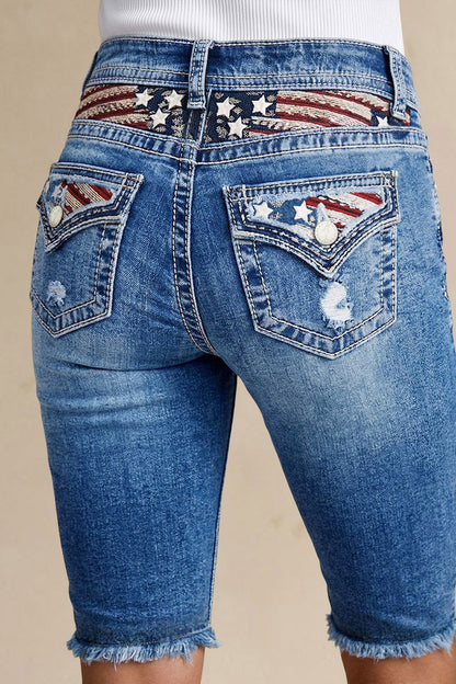 Star & Stripe Embroidery Raw Hem Ripped High Waist Denim Bermuda Shorts