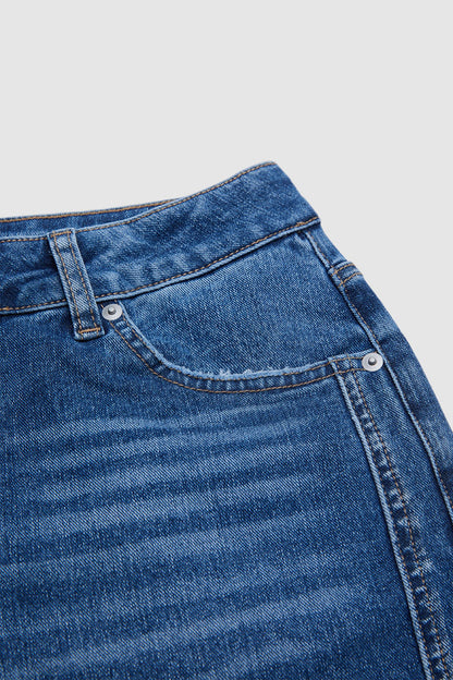 Wash Raw Hem Ripped Mid Waist Straight Leg Jeans