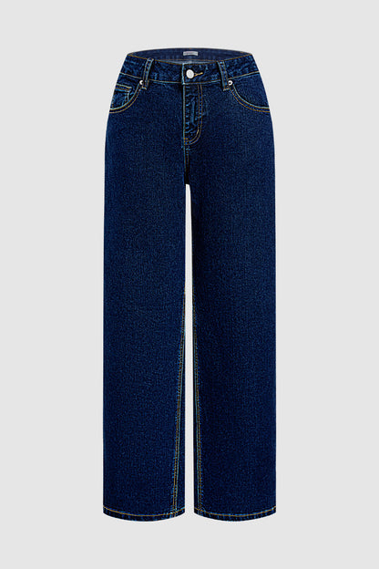 Wash Studded Mid Waist Straight Leg Jeans Without Belt