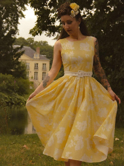 (TAILLES:TP-XXL) Robe Midi en Lin, Sans Manches, Mélange de Lin, Imprimé Floral, Renaissance