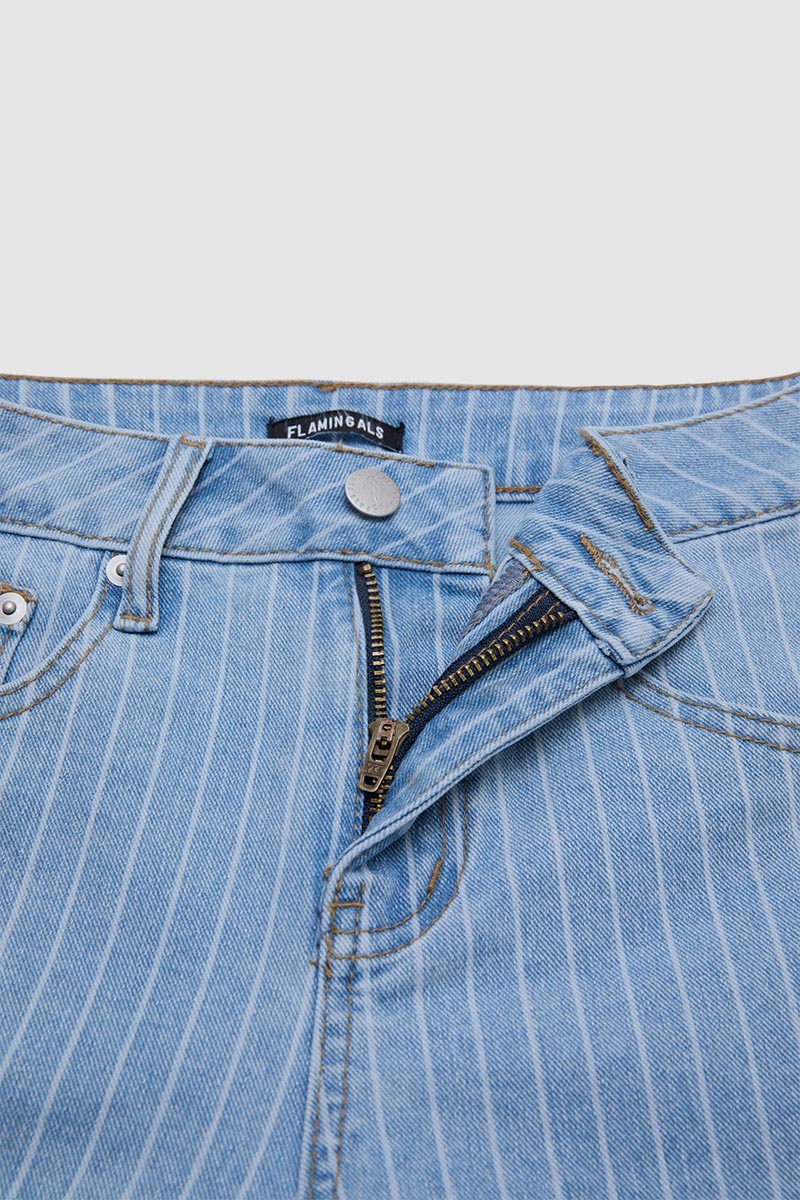Pinstriped Raw Hem Seam Detail High Waist Denim Bermuda Shorts Without Belt