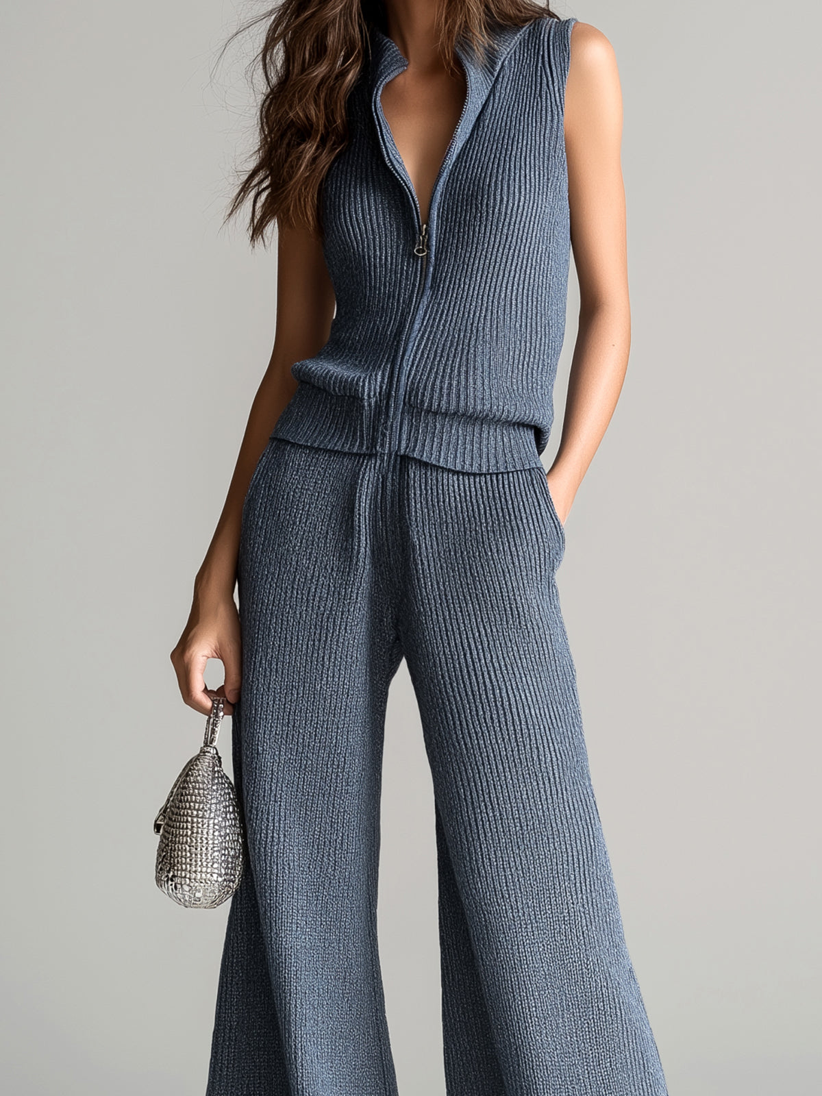 Chic Elegant Gray Stand Collar Zipper-Placket Vest Top Loose-Fit Contrast Stripes Wide-Leg Pants Ribbed Knit Two-Piece Set