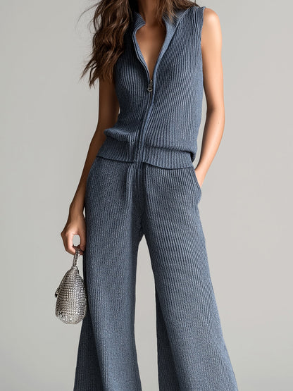 Chic Elegant Gray Stand Collar Zipper-Placket Vest Top Loose-Fit Contrast Stripes Wide-Leg Pants Ribbed Knit Two-Piece Set