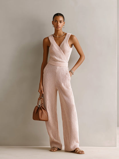 Chic Elegant Light Pink V-Neck Cross-Front Sleeveless Tailored-Waist Wide-Leg Ribbed Knit Jumpsuit