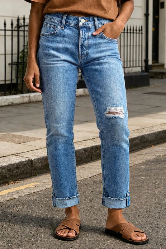 Wash Ripped Roll Hem Mid Rise Straight Leg Crop Jeans