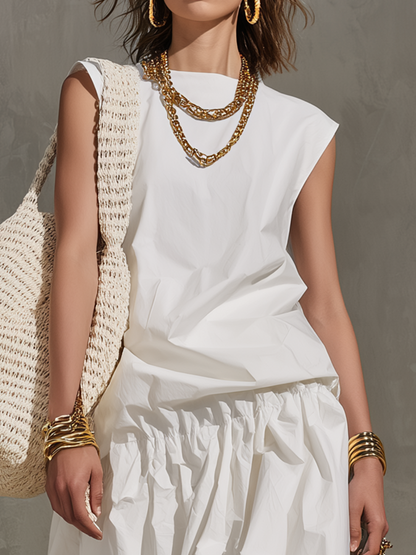 Robe longue étagée sans manches minimaliste couleur ivoire