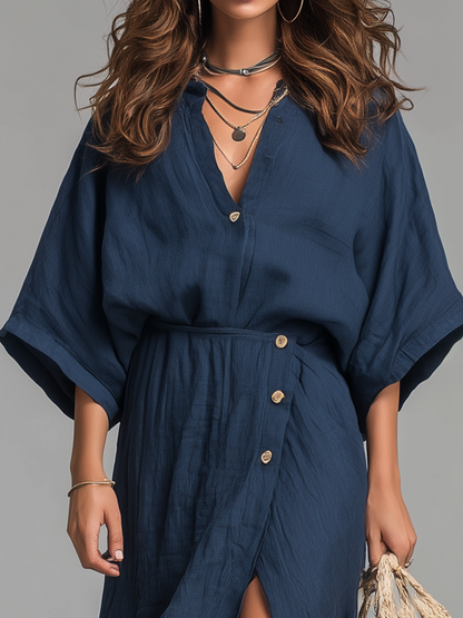 Robe longue élégante bleu marine à encolure en V, style portefeuille et fendue