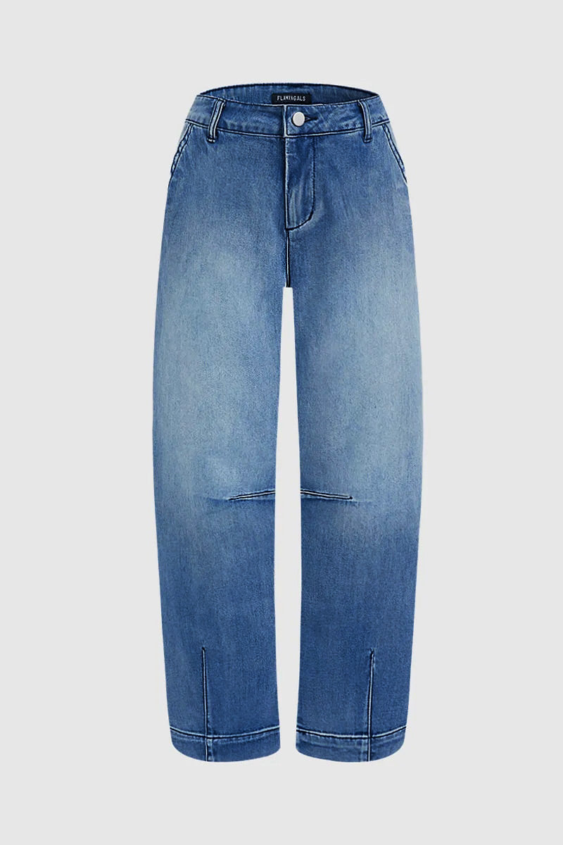 Wash Stitch Detail Mid Rise Barrel Leg Crop Jeans Without Belt