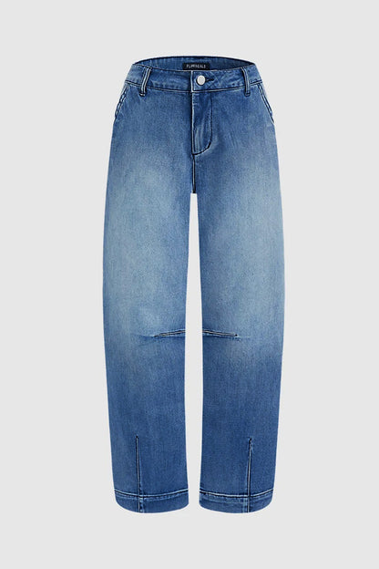 Wash Stitch Detail Mid Rise Barrel Leg Crop Jeans Without Belt