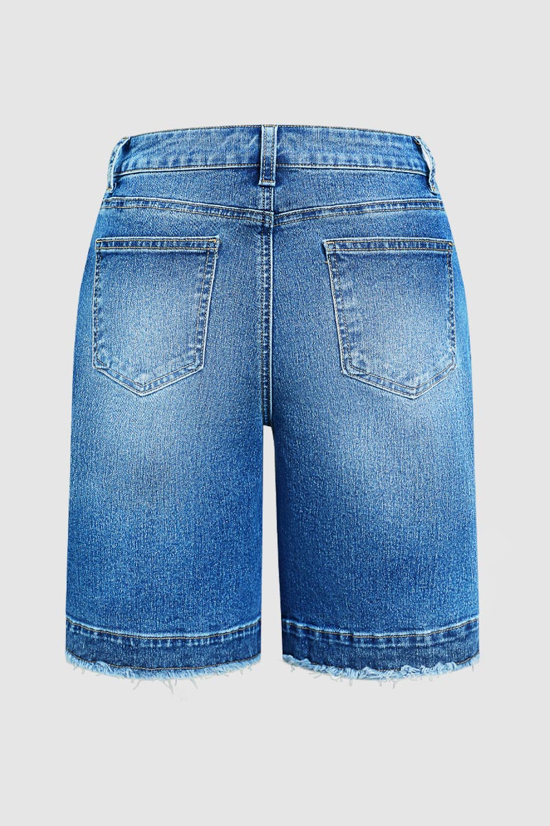 Wash Raw Hem High Waist Denim Bermuda Shorts Without Belt