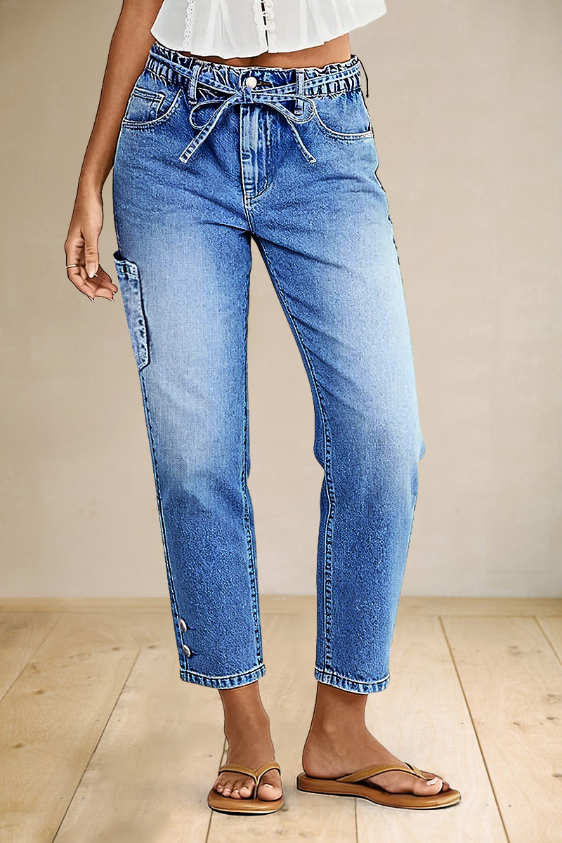 Patch Pocket Button Hem Belted Elastic Waistband Mid Rise Straight Leg Crop Jeans