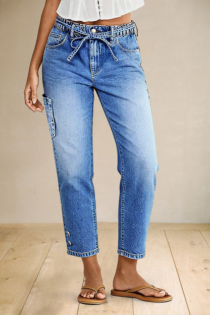 Patch Pocket Button Hem Belted Elastic Waistband Mid Rise Straight Leg Crop Jeans