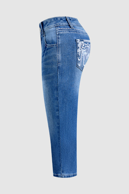 Wash Floral Embroidered Pocket Back High Rise Capri Skinny Jeans