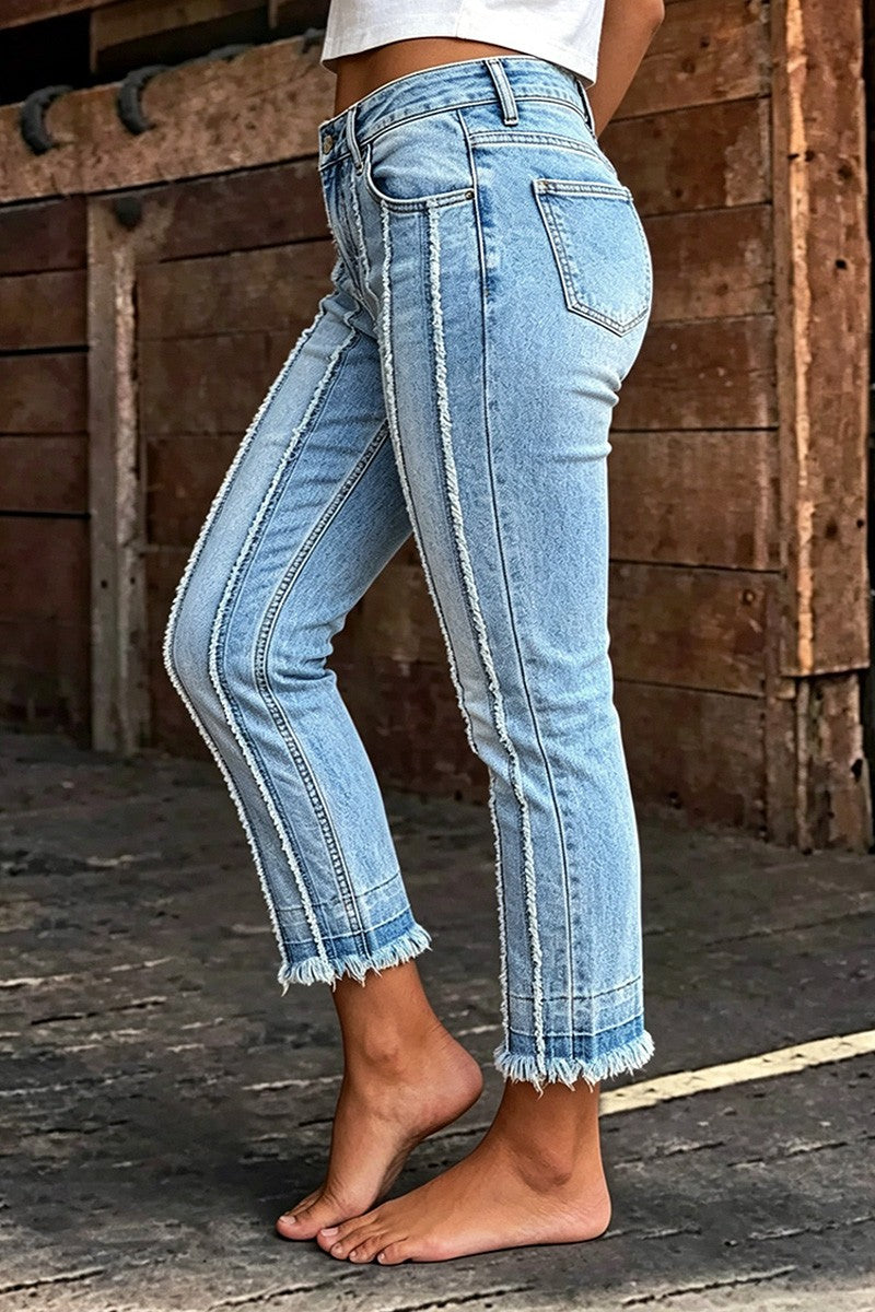 Wash Raw Hem Stitch Detail Mid Waist Straight Leg Cropped Jeans