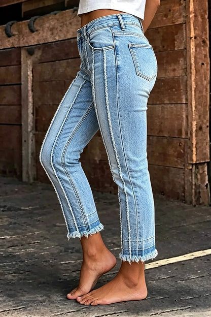 Wash Raw Hem Stitch Detail Mid Waist Straight Leg Cropped Jeans