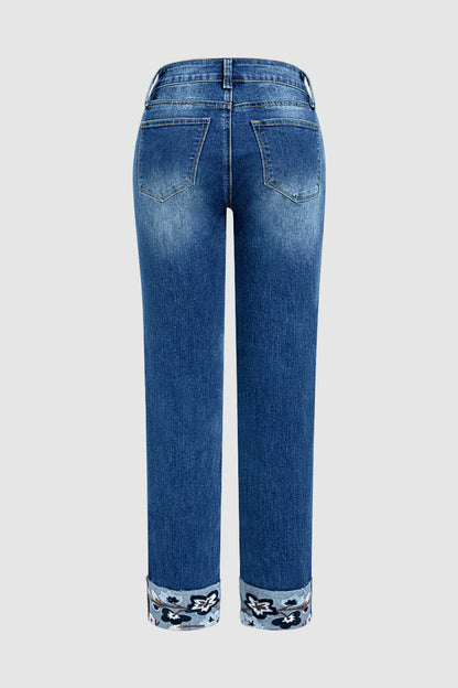 Roll Hem Floral Embroidery Mid Waist Straight Leg Crop Jeans