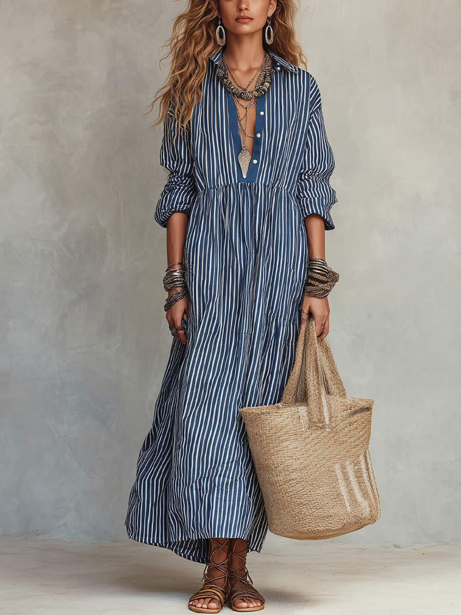 Robe longue bohème rayée indigo rétro