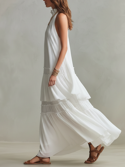 Robe longue bohème vaporeuse à col montant et volants
