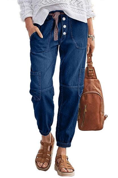 Multi Pocket Button Fly Mid Rise Straight Leg Crop Jeans Without Belt