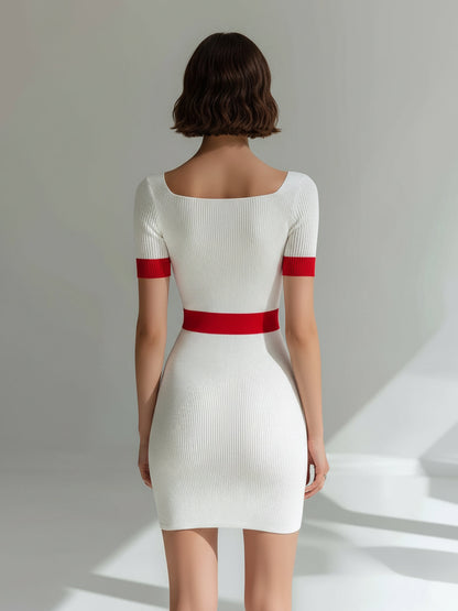 Chic Elegant Cream White Colorblock Square Neck Short-Sleeve Tailored Waist Slim-Fit Ribbed Knit Bodycon Mini Dress