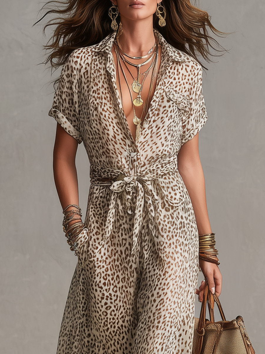 Robe Ceinturée Imprimé Léopard Style Rétro