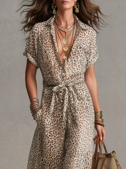 Robe Ceinturée Imprimé Léopard Style Rétro