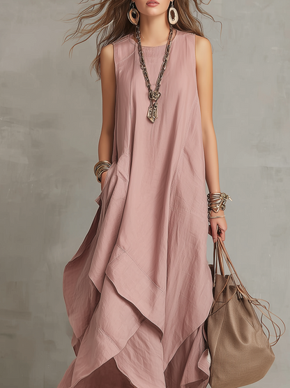 Robe longue bohème en coton et lin rose nude asymétrique