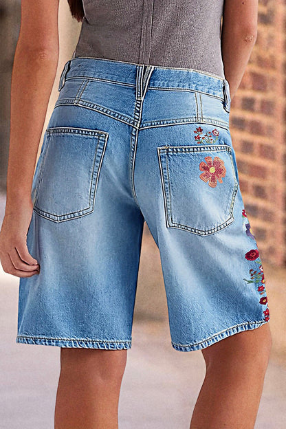Wash Floral Embroidery Mid Rise Denim Bermuda Shorts