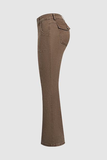 Flap Pocket Stitch Detail Mid Waist Flared Pants Without Belt