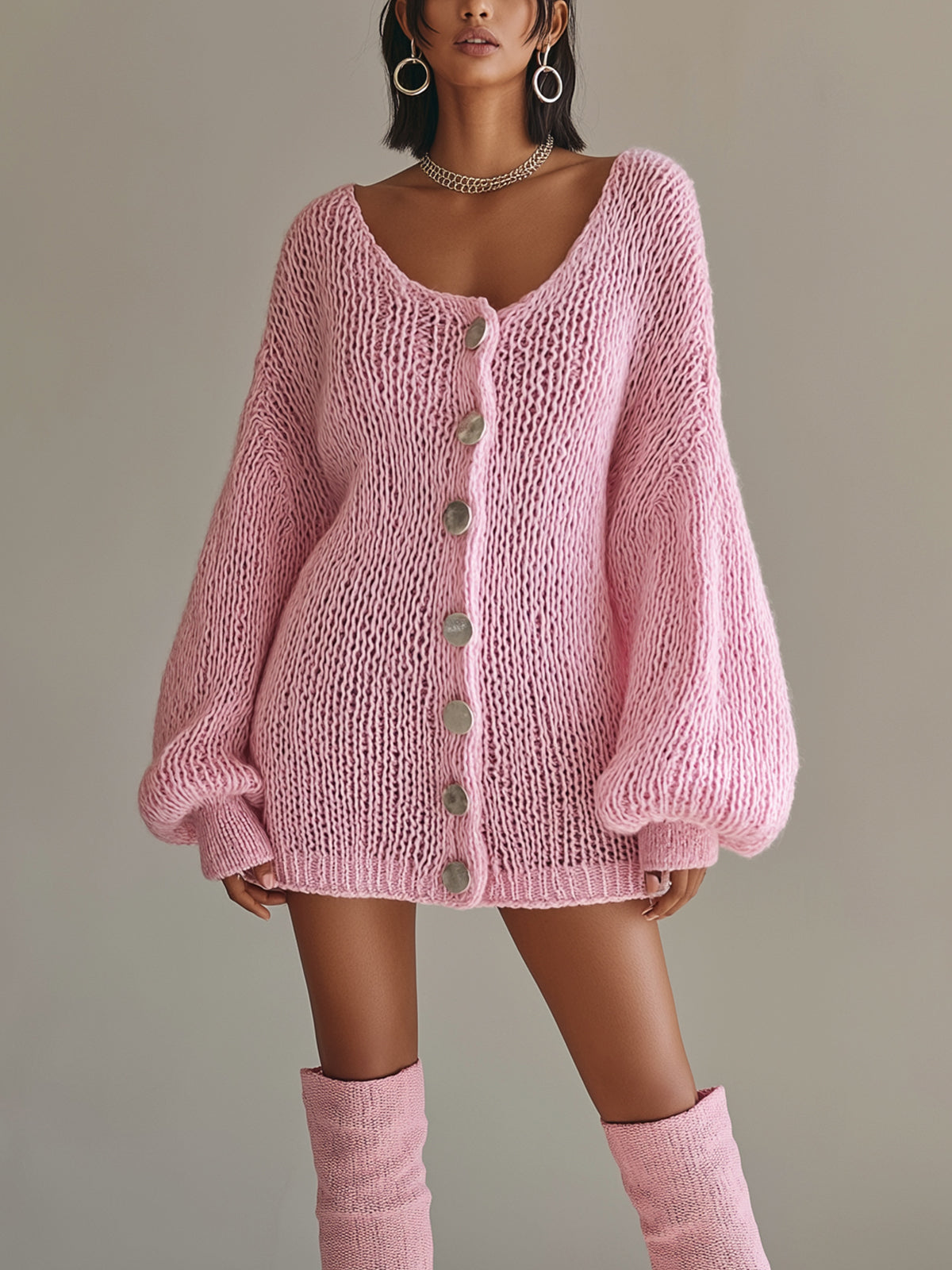 Chic Elegant Pink U-Neck Long Lantern Sleeve Single-Breasted Loose-Fit Soft Knit Mini Dress