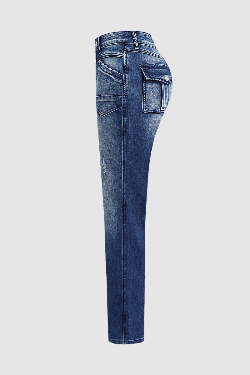 Wash Stitch Detail Flap Pocket High Waist Straight Leg Jeans