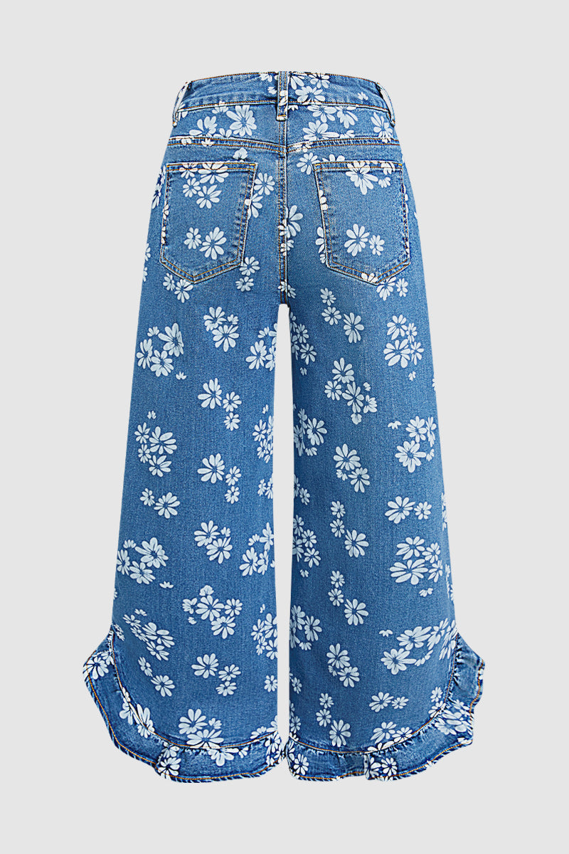 Wash Floral Print Ruffle Hem High Waist Wide Leg Jeans
