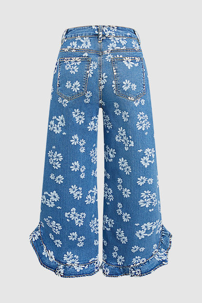 Wash Floral Print Ruffle Hem High Waist Wide Leg Jeans